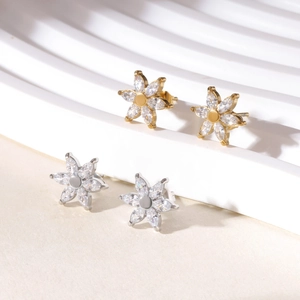 Mini orecchini a lobo floreali in oro e argento con zirconi taglio marquise