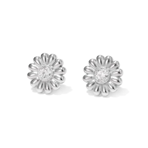 Polished stainless steel flower stud earrings with sparkling cubic zirconia center stones