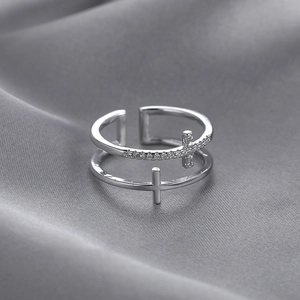 Double layered cross open ring in silver with sparkling cubic zirconia accents