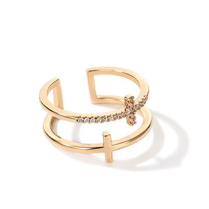 Minimalist double layer cross ring in gold finish with sparkling zircon stones