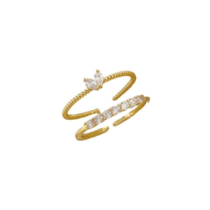Adjustable golden double layer ring with heart shaped zircon and shimmering pavé diamonds