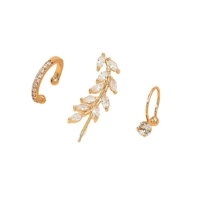 Three-piece gold zircon ear cuff set with elegant leaf design and sparkling rhinestones