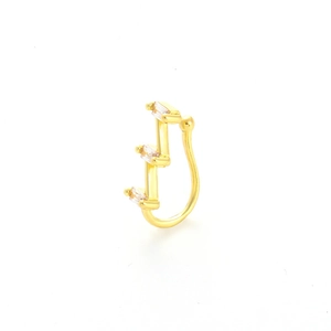 Gold non-pierced U-shaped nose cuff with three rectangular zircon stones on white background