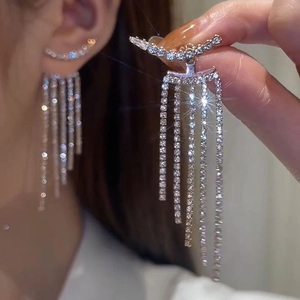 Silver rhinestone tassel earrings for women with long dangling sparkling crystal chains