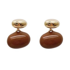 Vintage gold and caramel enamel oval drop earrings with a polished resin finish