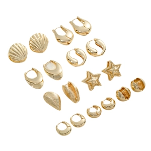 14K gold plated earring set with shell, star and polished hoop designs for women