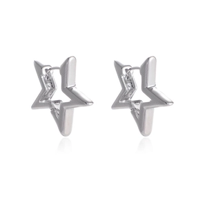 Minimalist silver pentagram star hoop earrings with polished metal hollow design