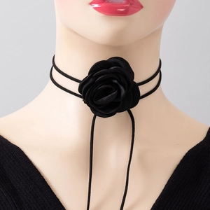 Elegant black satin rose choker necklace with double strand cord and long ties for women