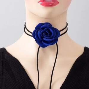Handmade deep blue satin rose flower choker necklace with black velvet cords on a model