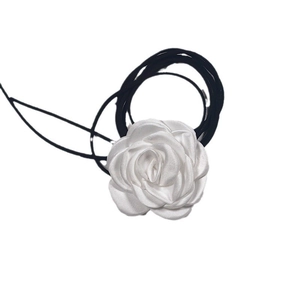 Handmade white satin rose flower choker necklace with long black velvet cord for women