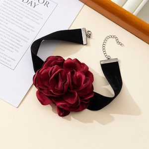 Retro oversized dark red satin flower choker necklace with black velvet band and metal clasp