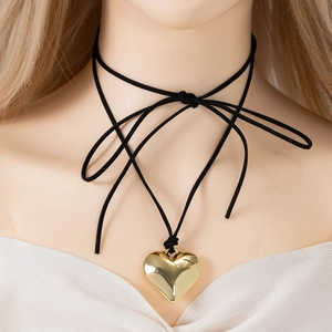 Minimalist Large Heart Pendant Necklace Adjustable Bow Tie Wax Cord Choker For Women Gold Silver Alloy Heart Jewelry Gift