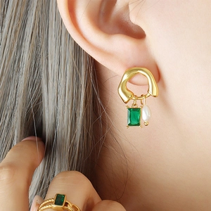French vintage earrings with green zircon and irregular pearls in golden setting