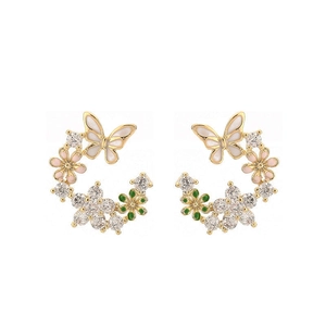 Boucles d'oreilles fleur et papillon dorées avec émail coloré et pierres de zircon