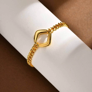 18K gold plated stainless steel Cuban link bracelet with hollow rhombus charm