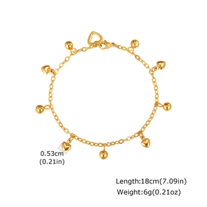 Pulsera de acero inoxidable dorada con corazones y cuentas para mujer, longitud de 18 cm