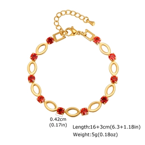 Detail view of gold-plated stainless steel chain with red rhinestones and lobster clasp