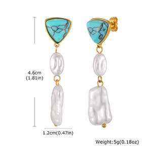 Detailed dimensions of baroque pearl and turquoise drop earrings in gold finish