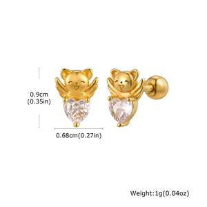 Detailed view of 0.9cm bear earrings with heart zircon and threaded ball backings