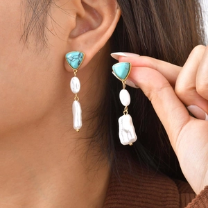 Vintage stainless steel drop earrings with turquoise stones and baroque pearls
