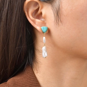 Vintage stainless steel earrings with triangle turquoise and baroque pearls on model