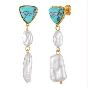 Vintage gold stainless steel earrings with turquoise and baroque pearls in a long tassel drop