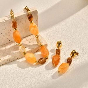 Women stainless steel jewelry set with amber resin necklace and long drop earrings