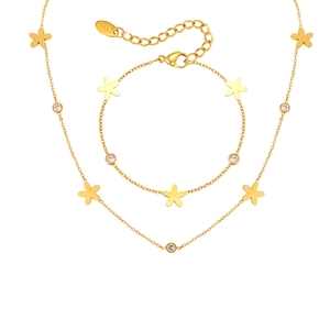 Parure de bijoux fleur en plaqué or 18K avec collier, bracelet et détails en zircon