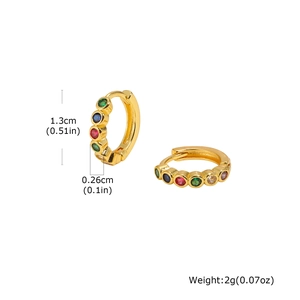 Detail view of gold hoop earrings with multi-color zircon inlay and size dimensions
