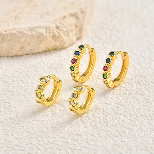 Gold-plated copper hoop earrings featuring teardrop and colorful cubic zirconia stones