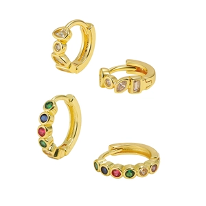 Gold plated hoop earrings with multicolored micro-pave zircons on a white background