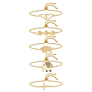 5-piece adjustable gold bracelets set with heart, elephant, and cross charms