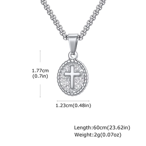 Silver oval cross pendant necklace with textured finish and dimensional design