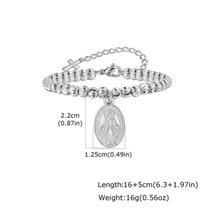 Detail von Silber Edelstahl Perlenarmband mit Jungfrau Maria Medaille und Kreuzanhänger
