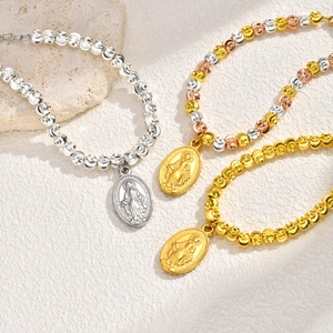 Edelstahl Jungfrau Maria Wunderbare Medaille Kreuz Anhänger Perlenarmband Religiöser Schmuck Für Damen Verstellbar Gold Silber