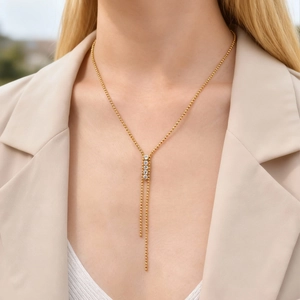 Elegante Collana a Y in Acciaio Inossidabile con Nappa per Donna Catena a Sfere Dorata con Ciondolo in Strass Gioielli alla Moda