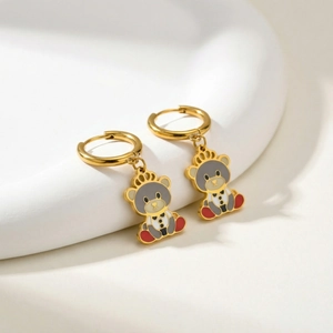 Cute Cartoon Bear Crown Enamel Dangle Earrings Stainless Steel Gold Plated Hoop Earrings For Kids Girls Women Jewelry