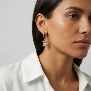 Chic gold hoop earrings for women featuring colorful enamel crown bear charms