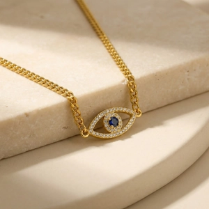 Edelstahl Kupfer Böser Blick Anhänger Halskette Gold Plattiert Strass Blauer Stein Verstellbare Kette Modeschmuck Für Damen
