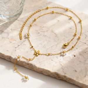 Collana a Forma di Y in Acciaio Inossidabile Con Fiori di Perla Artificial Placcata Oro Zircone Intarsiato Per Donna Matrimonio Gioielli
