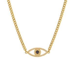 Goldene Panzerkette mit glitzerndem Evil Eye Anhänger und blauem Kristallstein