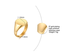Detailed view showing 14mm round signet ring dimensions and polished gold finish