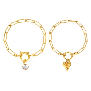 Golden stainless steel paperclip chain bracelets with heart and crystal pendants
