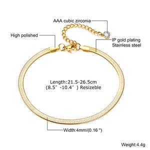 Detail of 4mm gold flat snake chain anklet with cubic zirconia and adjustable clasp