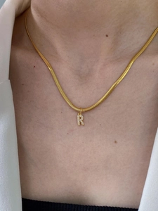 Dettaglio di una collana a catena serpente dorata con un pendente a lettera R su una modella