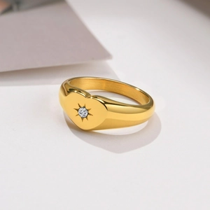 Titanium steel gold heart ring with starburst-set zircon on wide band for women