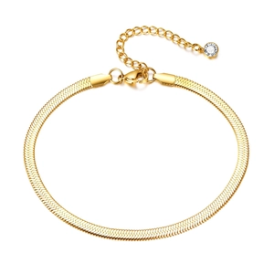 Gold stainless steel herringbone snake chain anklet with crystal charm and lobster clasp