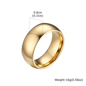 Detailed view showing 8mm width and 16g weight of polished 18K gold tungsten ring