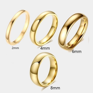 Comparison of 18K gold tungsten rings in 2mm, 4mm, 6mm, and 8mm widths with polished finish