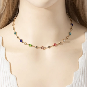 Fashion colorful round glass gemstone Y-necklace on a gold chain for women
